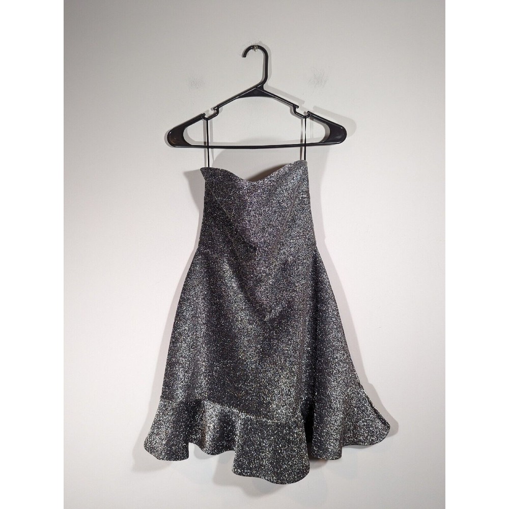 Topshop Silver Metallic Cocktail Party Mini Strapless Ruffle Dress Women Size 8‎